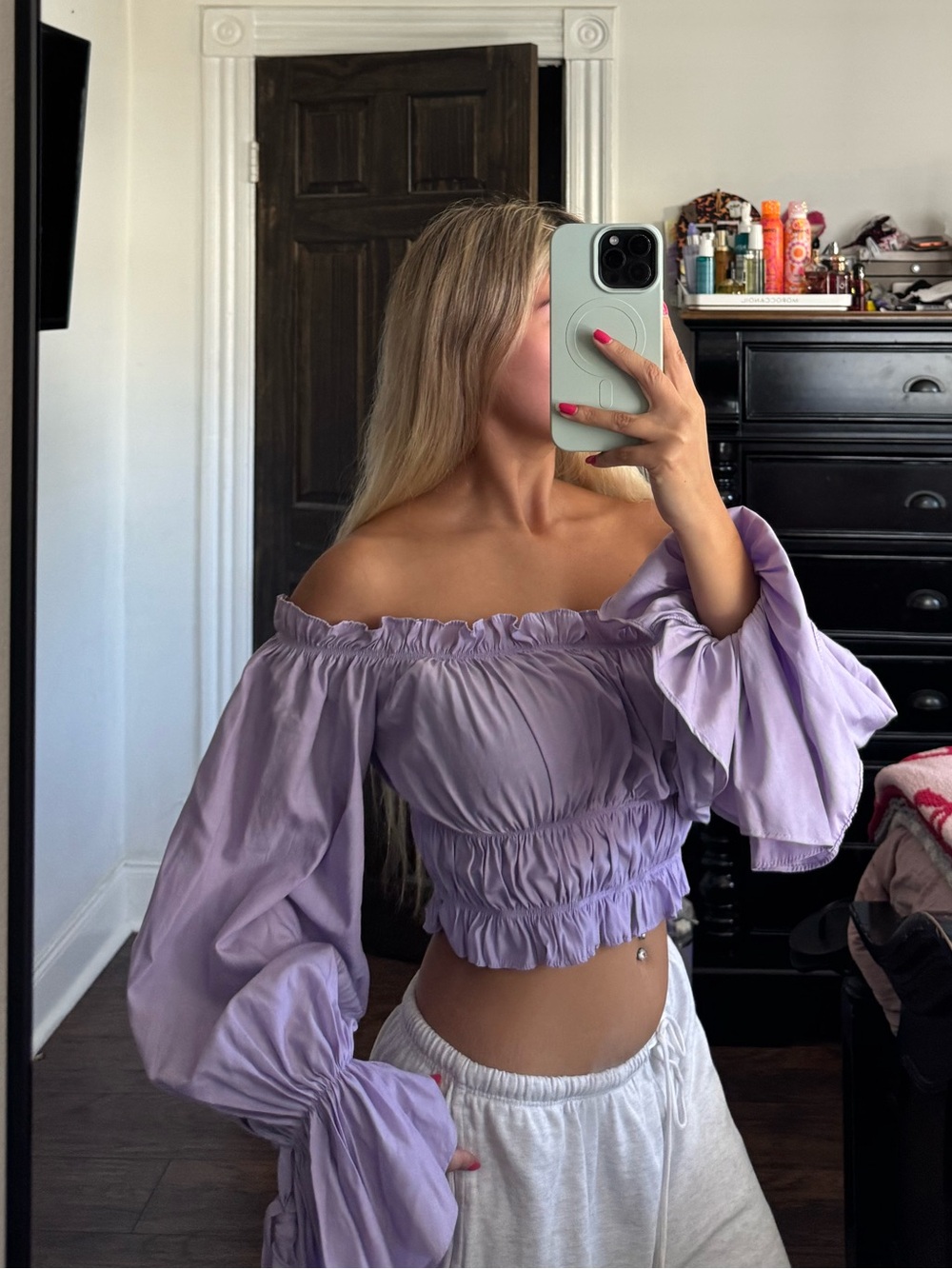 Lavender Off-Shoulder Smocked Crop Top